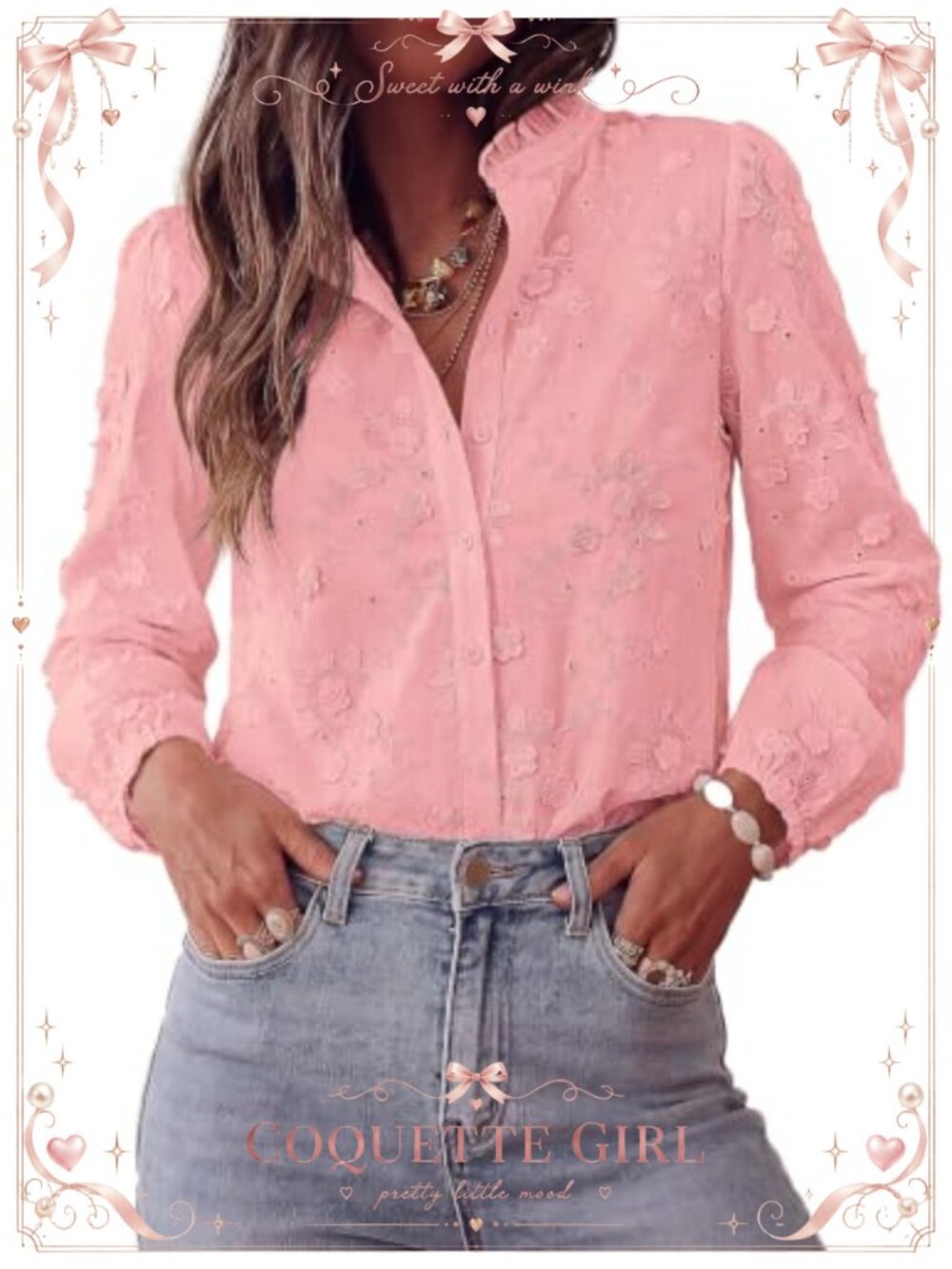 Floral Embroidered Button Down Shirt Ruffle Collar Long Sleeve Blouse